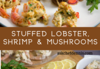 pinterest image for stuffed lobster, shrimp and mushrooms