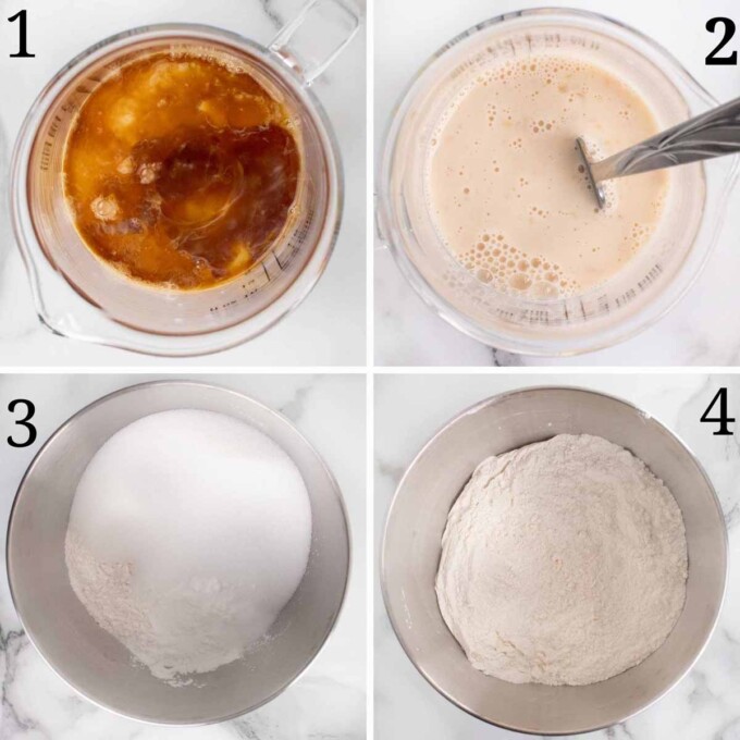 four images showing the first steps in making a white cake. 