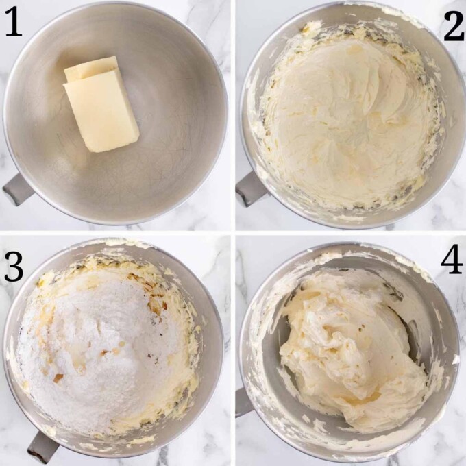 four images showing how to make vanilla frosting