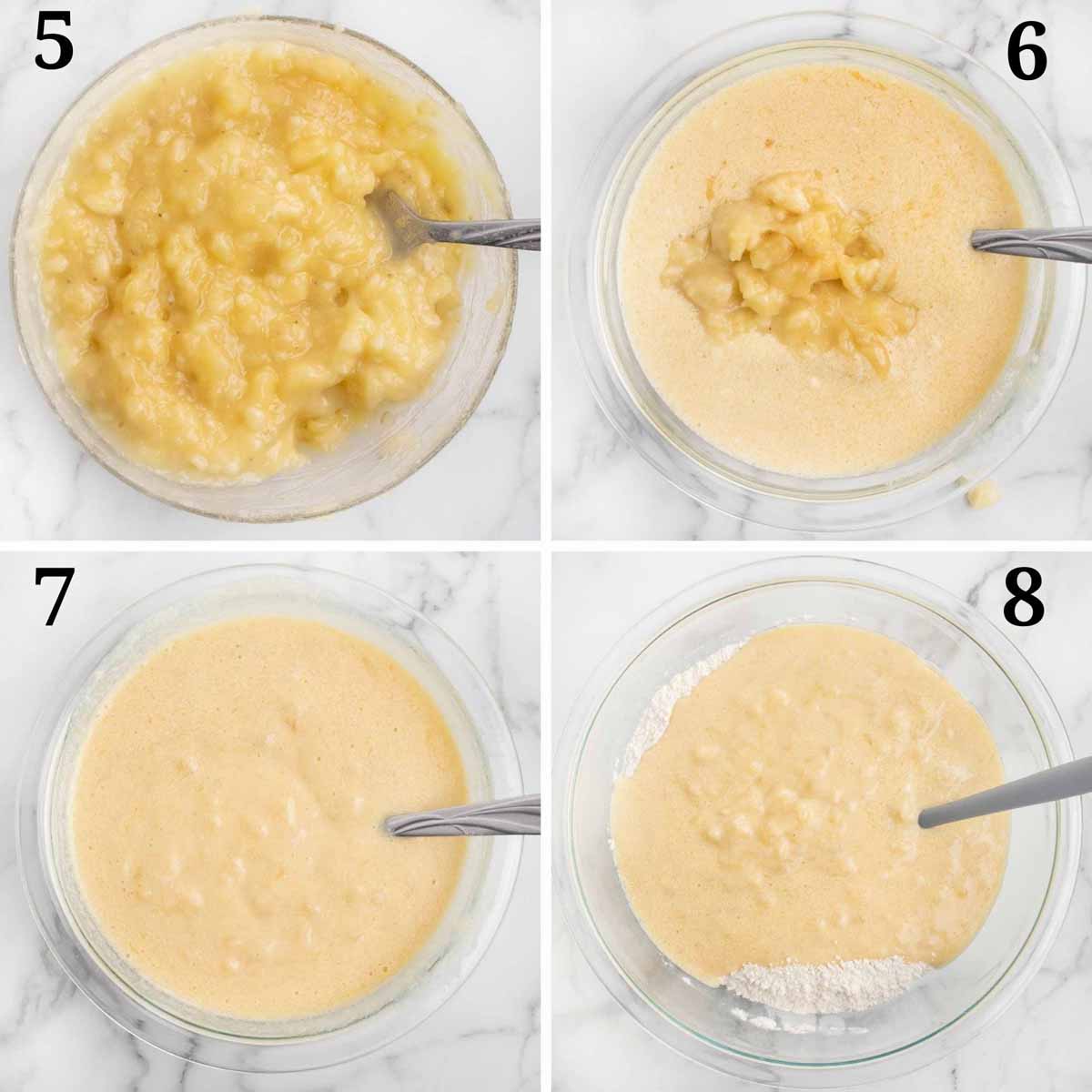 four images showing the next steps in making the banana cake batter