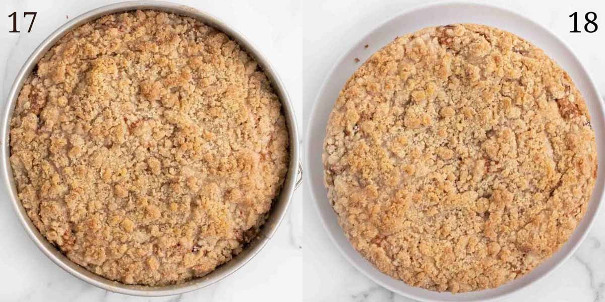 two images showing the baked banana crumb cake