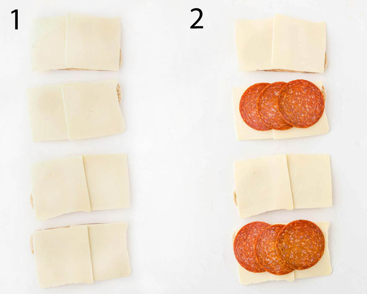 two images showing how to begin making pepperoni pizza grilled sandwiches