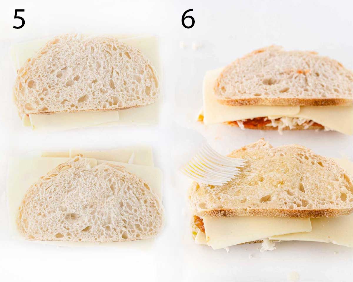 two images showing the final steps in making the grilled cheese sandwiches