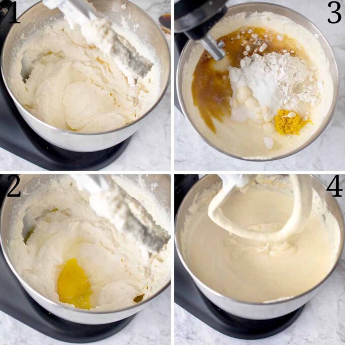 four images showing how to make ricotta cheesecake batter