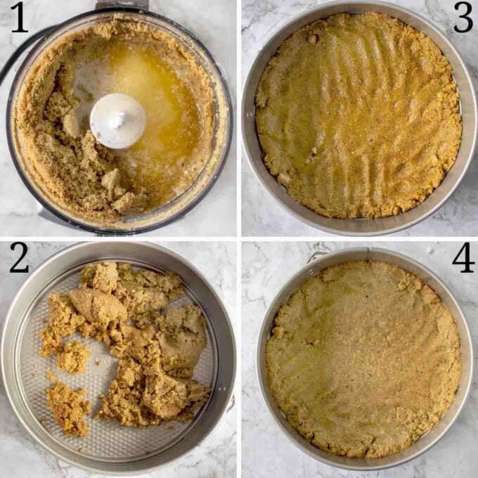 four images showing how to prepare the cheesecake crust