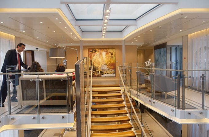 Stairway from the third level to the second level of the Viking Cruise longship