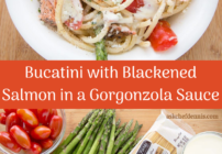Pinterest image of bucatini with blackened salmon