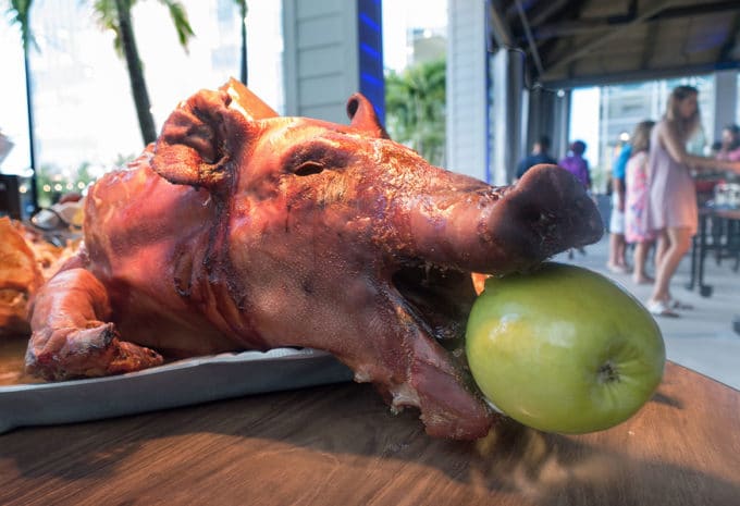 Cooked whole pig with green apple in his mouth sitting on a table