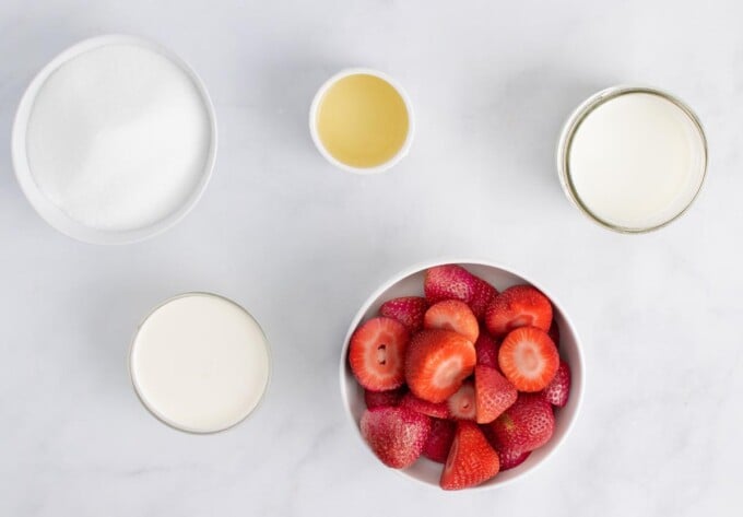 overhead view of ingredients needed to make strawberry gelato