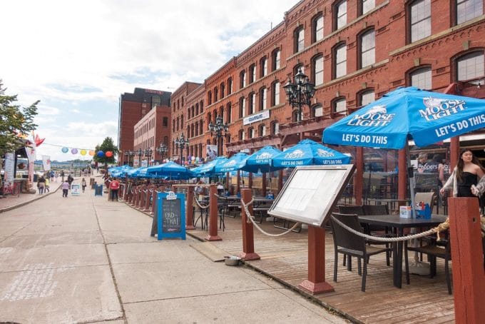 long building with awnings of restaurants on a street in saint John New brunswick