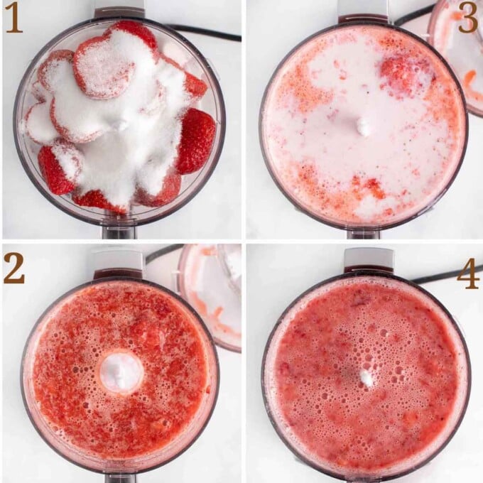 four images showing how to prep strawberries for gelato