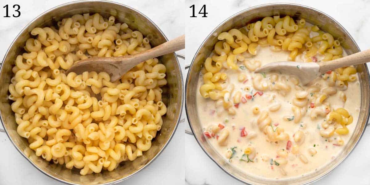 collage showing how to mix cheese sauce into pasta