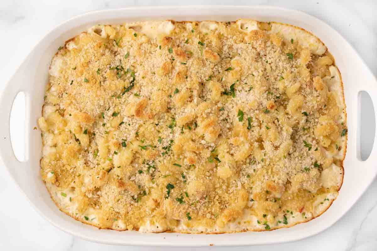 casserole dish with baked truffle mac and cheese