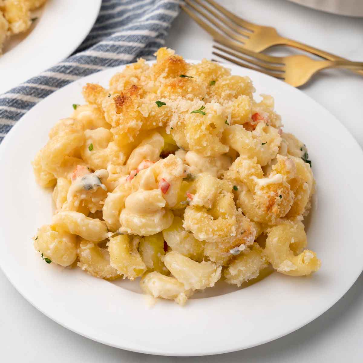 mound of truffle mac and cheese on a white plate