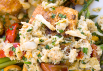 pinterest image of pan seared halibut with a crab topping