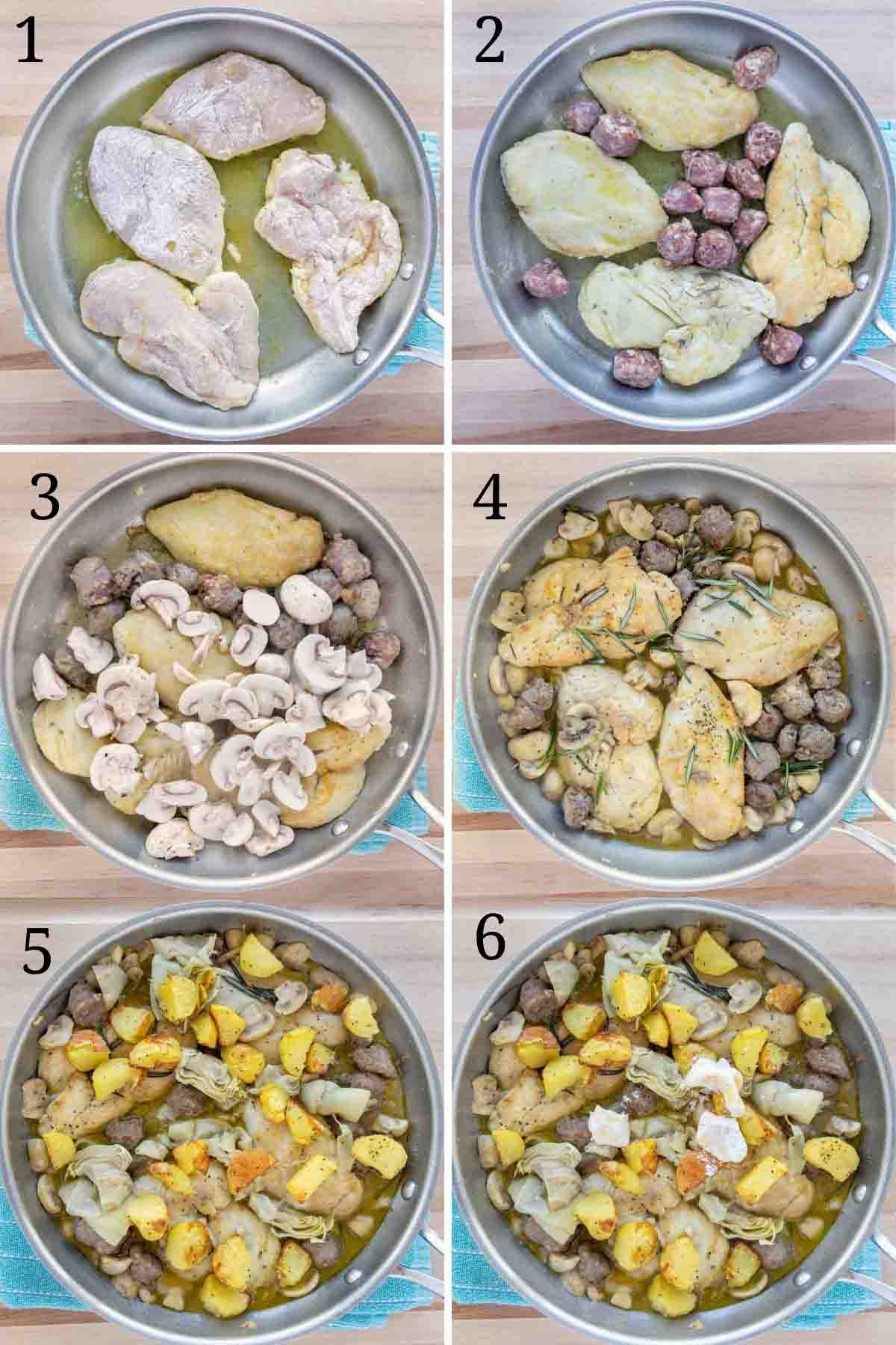 6 images showing how to make chicken scarpariello