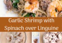 Pinterest image for garlic shrimp and spinach over linguine