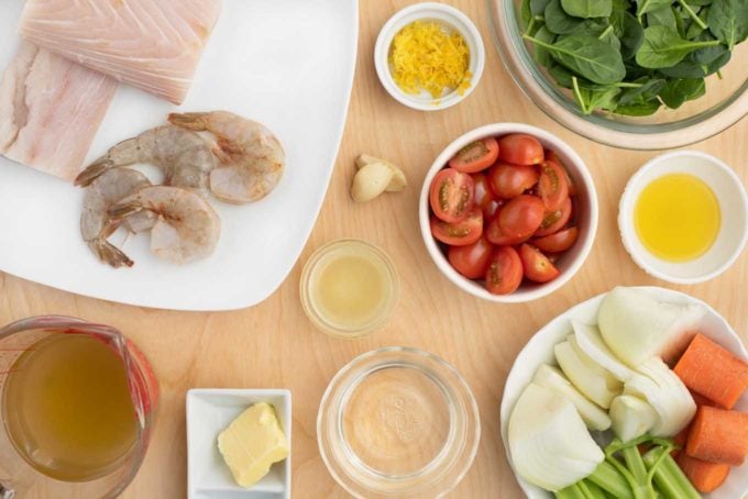 overhead shot of ingredients to make poached mahi-mahi