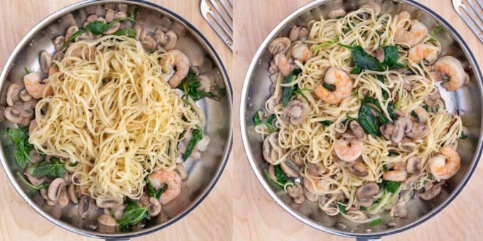 two images adding and mixing pasta into the pan