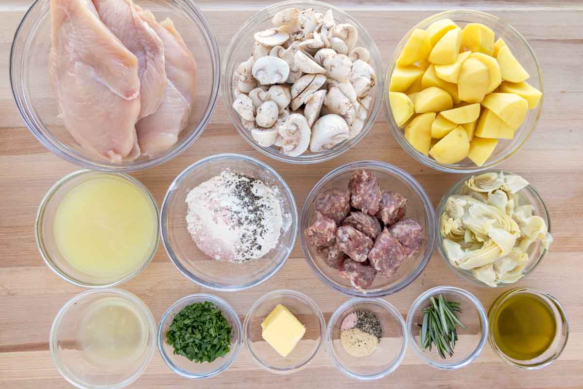 overhead view of ingredients needed to make chicken scarpariello