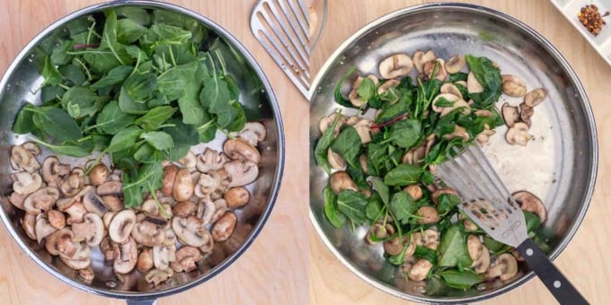 two images cooking spinach and mushrooms in a large saute pan