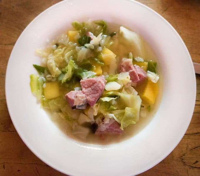 white bowl of soup made in the Acadian village in Caraquet