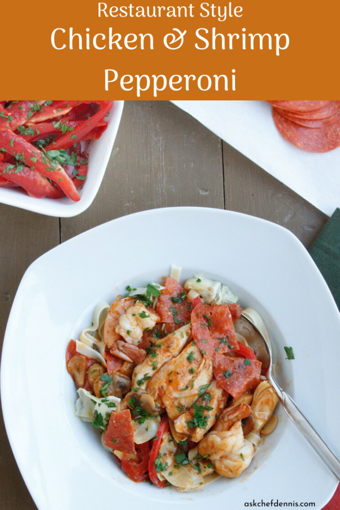pinterest image for chicken and shrimp pepperoni