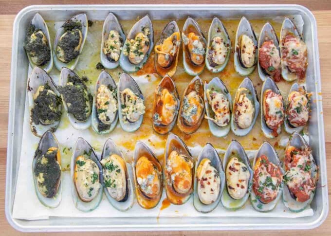 fully cooked mussels five ways on a sheet pan