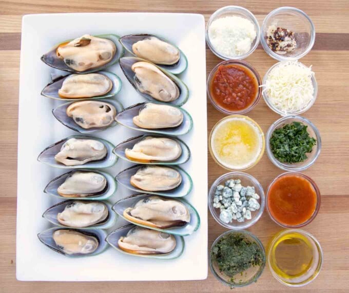 overhead views of ingredients to make Mussels five ways