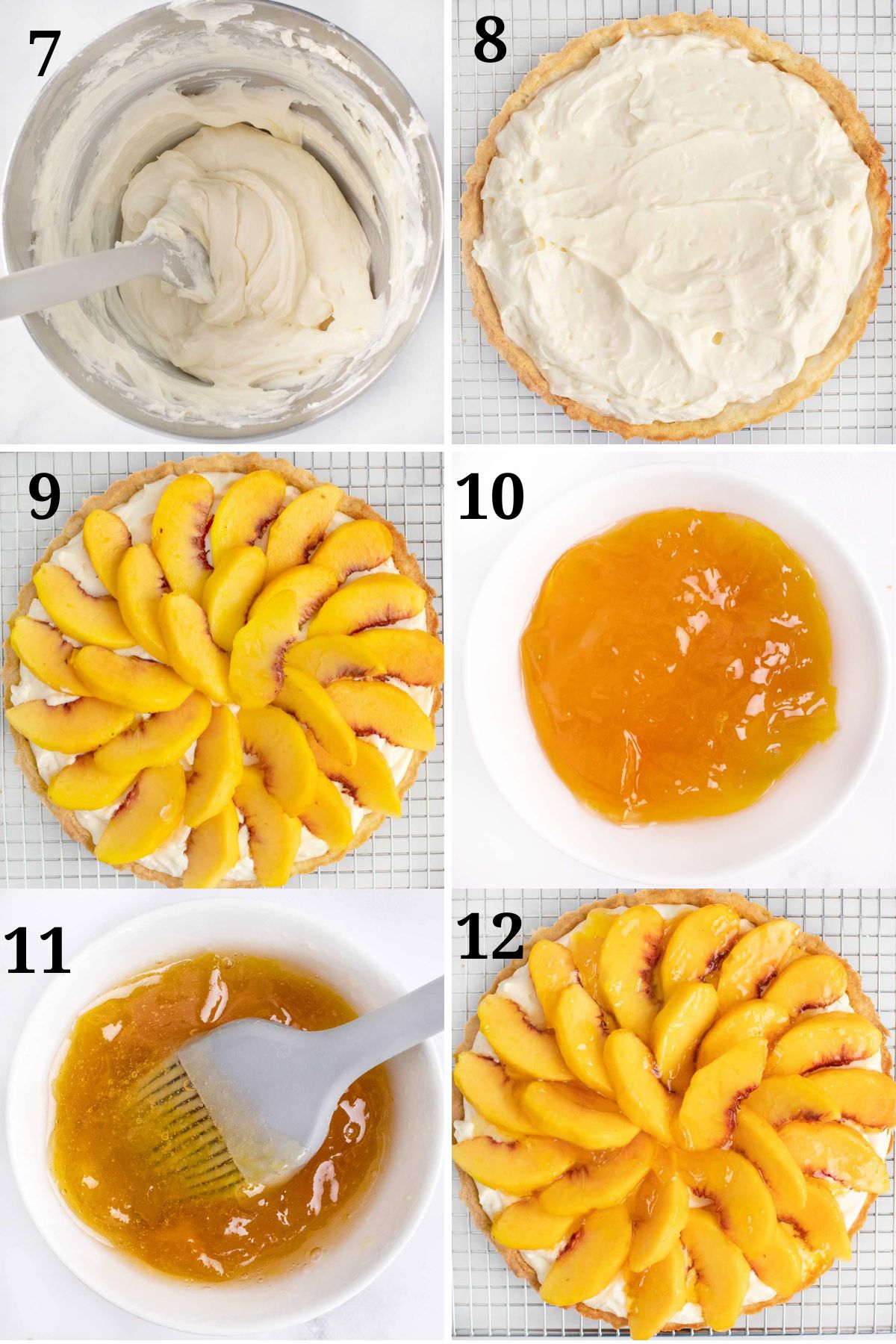 6 images showing how to finish making the no bake peach tart