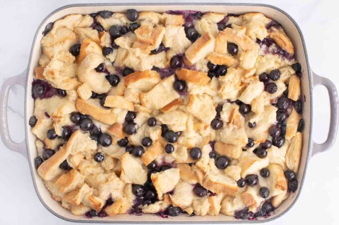 overhead view of baked blueberry bread pudding