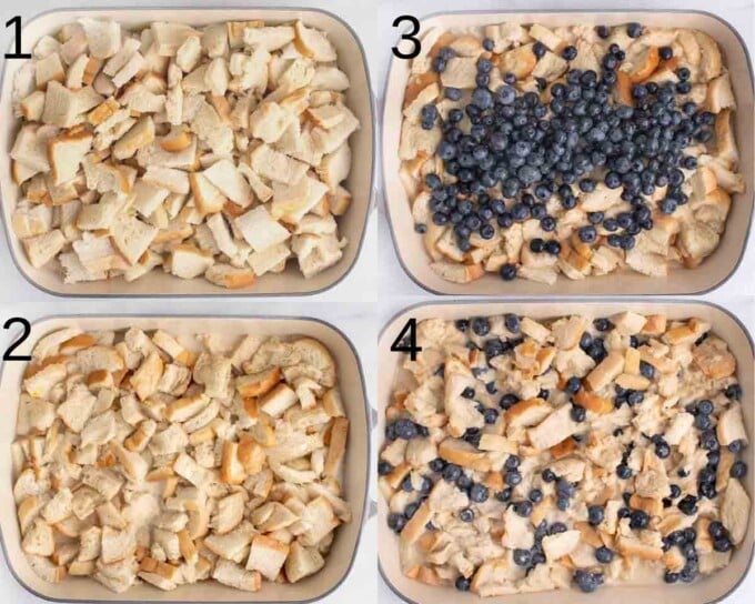 four images showing how to make blueberry bread pudding