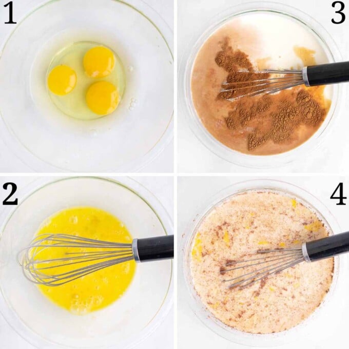 four images showing how to make the custard for the bread pudding