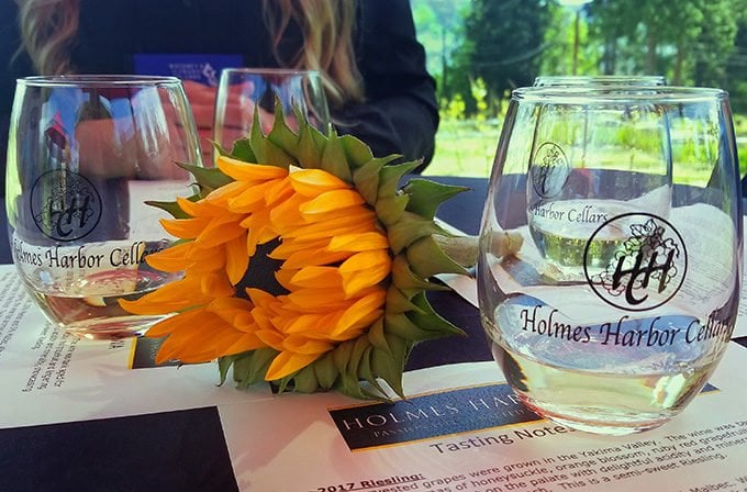 glass of white wine next to a partially closed sunflower sitting on a menu