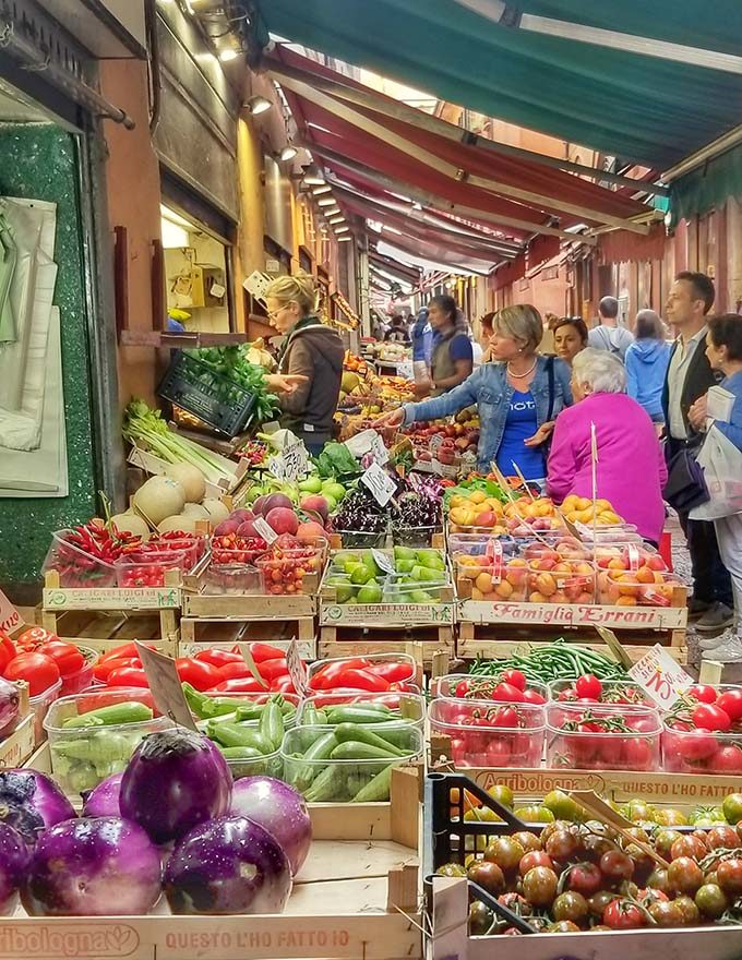 street market in Bologna, Italy with fresh produce