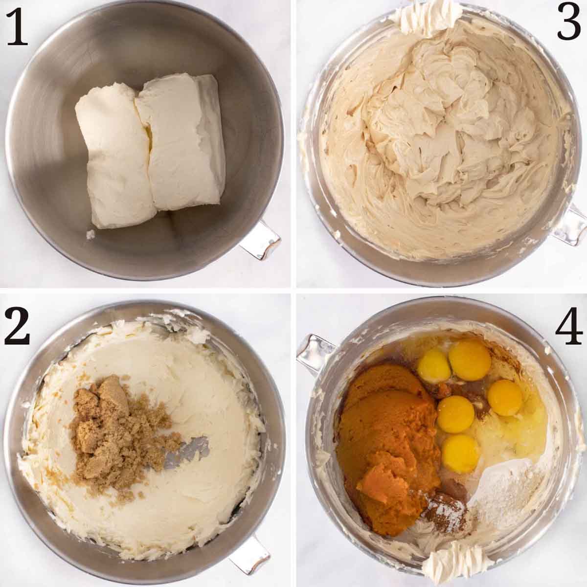 four images showing how to make the pumpkin cheesecake batter