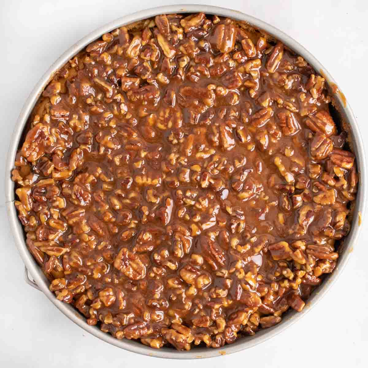praline topping on cheesecake in pan