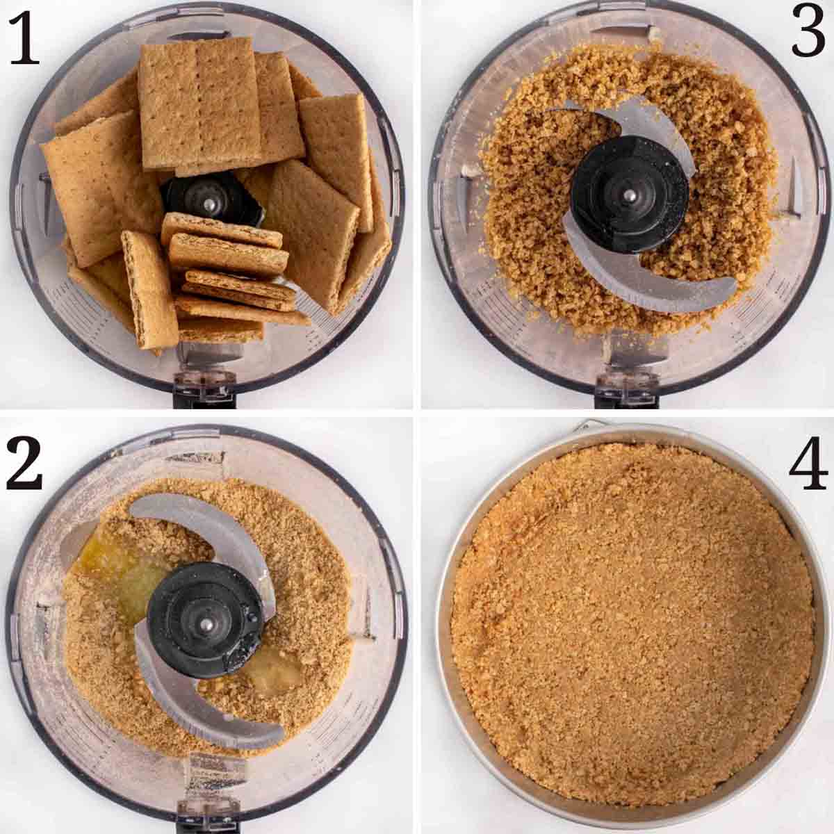 four images showing how to make crust for  the cheesecake