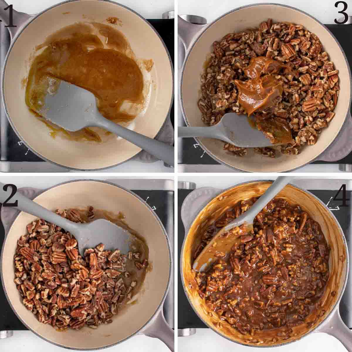four images showing how to make the praline topping
