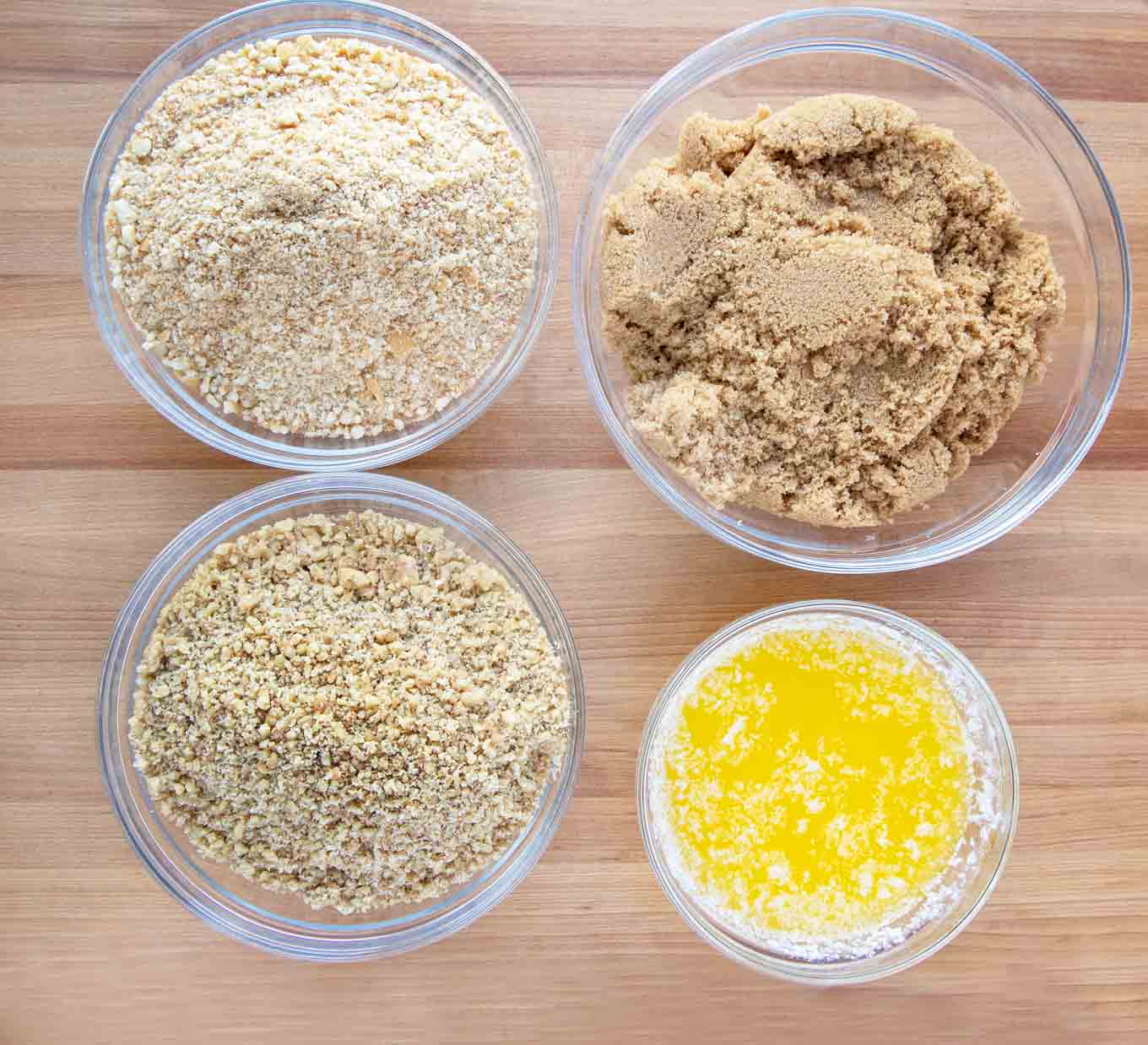 ingredients for crunch topping in glass bowls