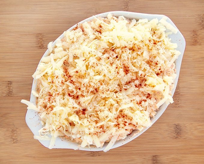 The dip in a baking dish ready for the oven.