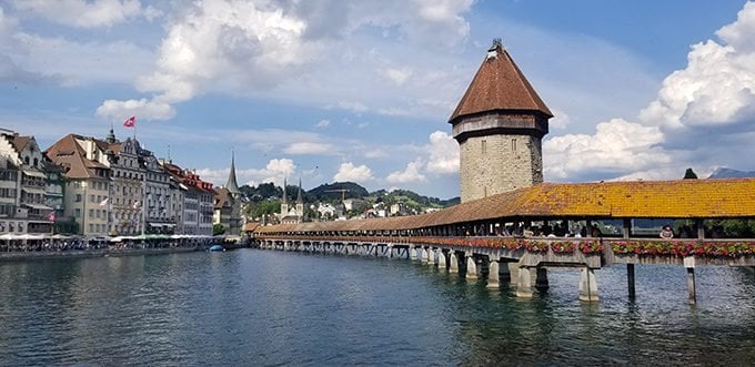 The Kapellbrücke in Lucerne with its Wasserturm (water tower) seen in the middle.