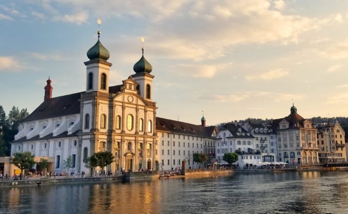 view of buildings in Lucerne at sunset