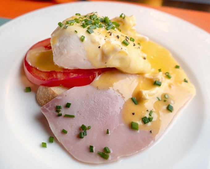 eggs Benedict on a white plate