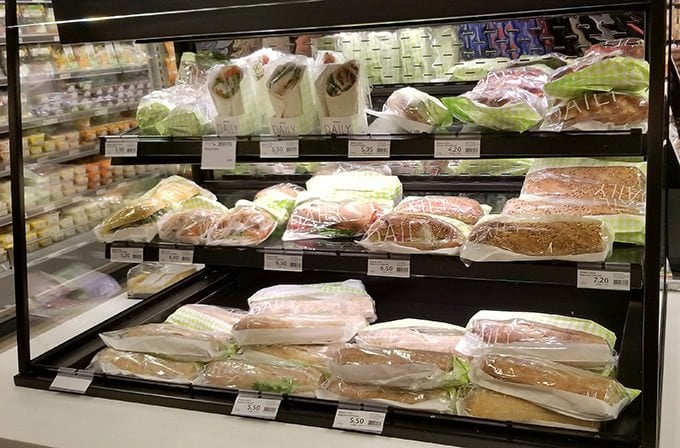 freshly made sandwiches on display at Migros in Lucerne, Switzerland