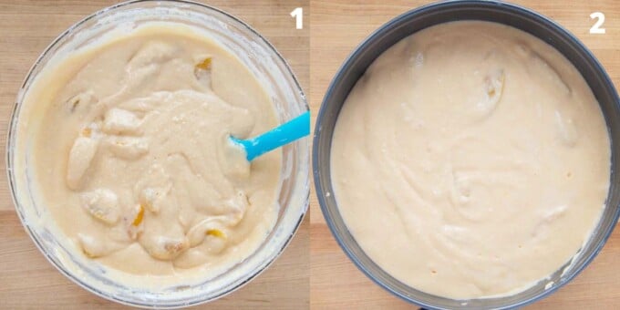 two images showing how to finish preparing the breakfast cake for baking
