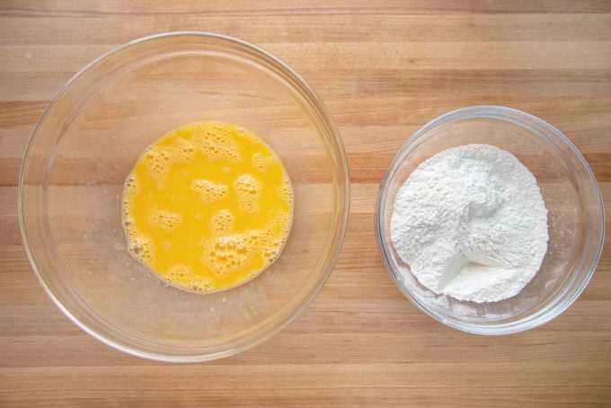 flour mixture and whipped eggs in separate bowls