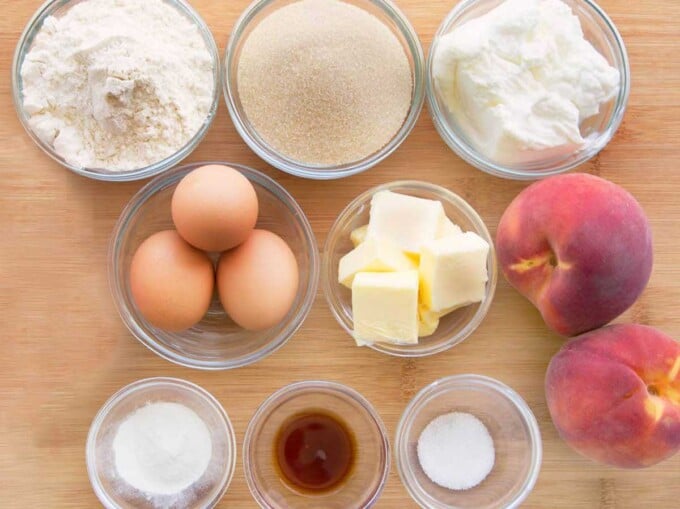 overhead view of ingredients to make cottage cheese breakfast cake