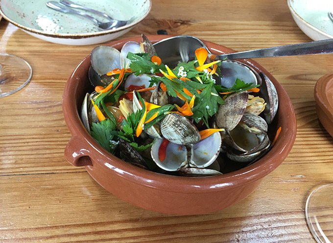 brown bowl of steamed Pacific clams garnishes with parsley