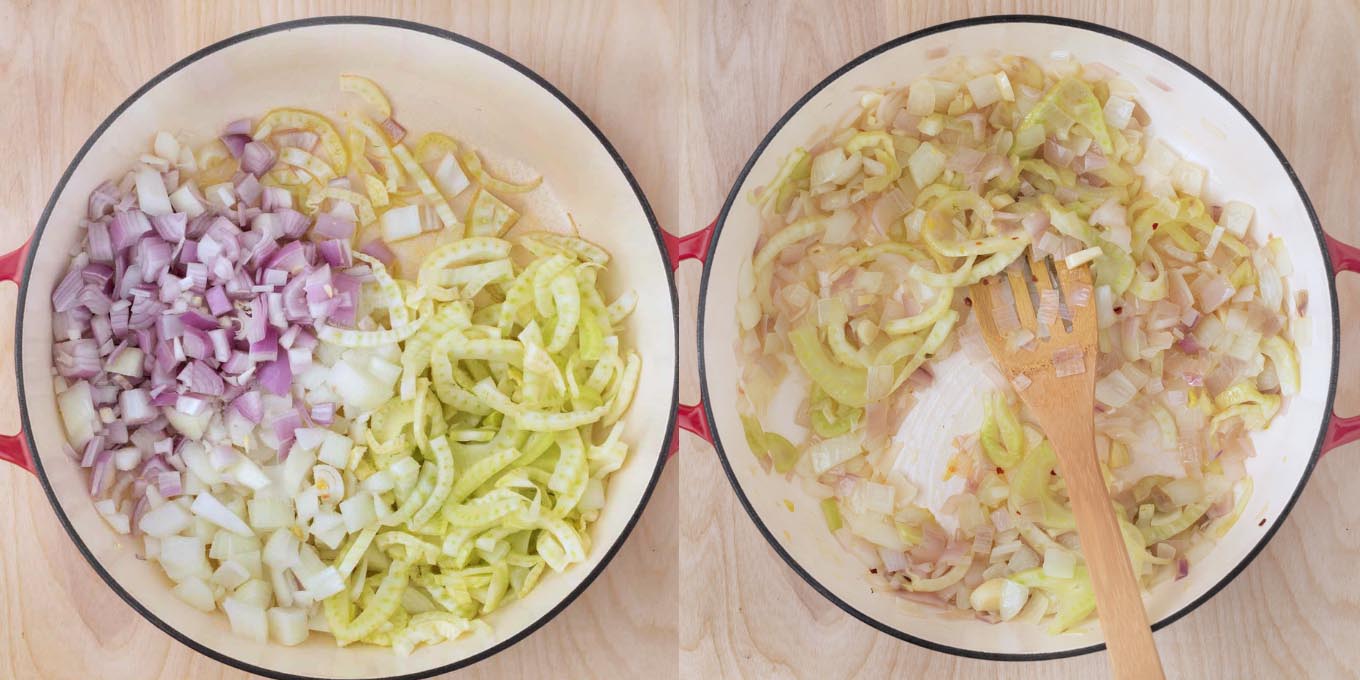 two images one of raw vegetables in pot and cooked vegetables in pot